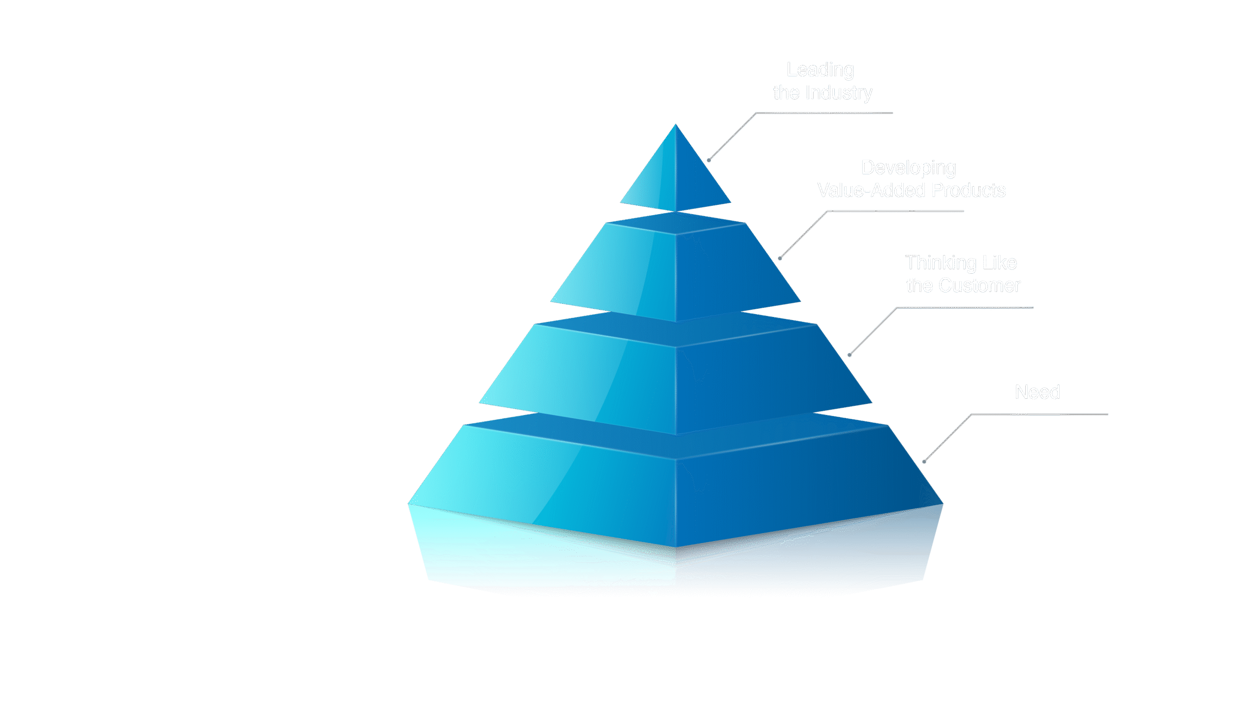 Core principles pyramid: Need, Thinking Like the Customer, Developing Value-Added Products, Leading the Industry